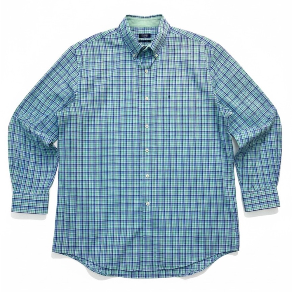 IZOD Premium Essentials Big Men's 3XLT Blue Green Plaid Button-Down Shirt Cotton